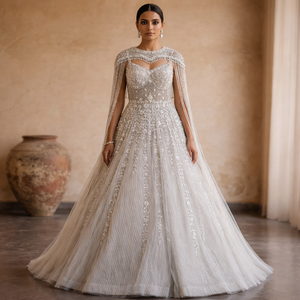 New Vision Pale Blue Sequined <b>Net</b> Women's Evening Gown | Hand-Embroidered Pentagon Neck Bridal Wedding Gown | Couture Floral - Product Image 3