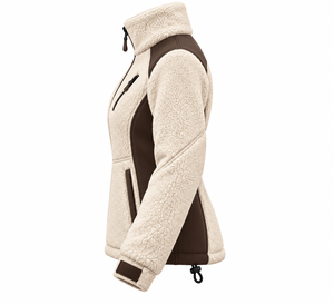 <b>Women's</b> <b>Cream</b> Sherpa <b>Fleece</b> Jacket Bonded Softshell Side Panels Dual Slanted Chest Zippers Adjustable Cuffs B2B Supply OEM - Product Image 4