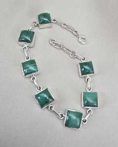 Pulsera de Eslabones Cuadrados de Plata de Ley 925 Chapada en Oro Clásico con Malaquita, Gema Verde, Joyería Hecha a Mano, Regalo - Product Image 3
