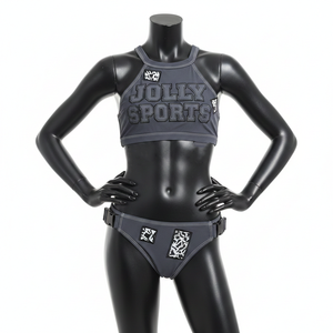 Maillot de bain femme en nylon premium gris foncé avec empiècements contrastants, imprimé silicone, logo personnalisé, sangle à boucle. Bikinis femme. - Product Image 6