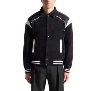 Men Varsity Jacket Sheep Fur Trim Leather Sleeves <b>Fleece</b> Lining Eco-Friendly Knitted Fabric Single Button Breathable Jacket - Product Image 2