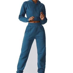 Conjunto de Sudadera Corta con Capucha y Pantalones Jogger a Juego para Mujer, Estilo Casual Urbano, Corte Regular, Liso, para Invierno y Actividades al Aire Libre - Product Image 6