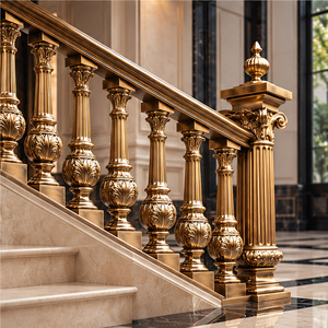 Balustrade d'escalier en bronze régale avec colonnes cannelées sculptées, motifs floraux en relief et poteaux décoratifs à embouts ornementaux - Product Image 4