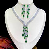 Parure de bijoux de luxe avec boucles d'oreilles pendantes et collier à pampilles en zircon cubique rouge, blanc et vert pour femme, accessoires de mariage et de cérémonie