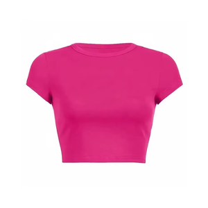 T-shirt court pour femme, couleurs personnalisées, manches courtes, col rond, coupe classique, couleur unie, tricoté, décontracté, été, écologique - Product Image 3