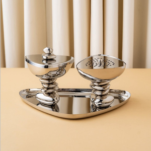 High Quality Metal <b>Silver</b> Incense <b>Burner</b> Set With Stacked Black Bases On A Tray, Perfect For Home Fragrance And Festive Gifting - Product Image 2