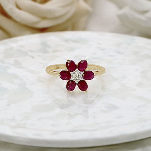 Bague en or jaune 14 carats avec rubis ovales et diamants, motif floral en étoile, bagues fines en pierres précieuses pour femmes, cadeau, mariage, fête, vente en gros - Product Image 3