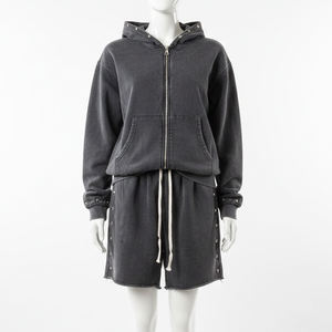 Custom Vintage Wash Heavyweight Cotton Fleece Unisex Tracksuit Set Rhinestone Studded Zip <b>Hoodie</b> Drawstring Shorts Two Casual - Product Image 5