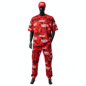 เสื้อยืดเจอร์ซีย์ผ้าฝ้ายผสมโพลีเอสเตอร์พรีเมียมสำหรับผู้ชาย ชุด 2 ชิ้น 180 GSM ระบายอากาศได้ดี สีแดง พิมพ์ลายทั่วตัว โลโก้สั่งทำ ชุด 2 ชิ้น สำหรับผู้ชาย - Product Image 1