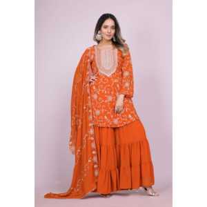 Costume de créateur brodé en Georgette Sharara avec vêtements et accessoires traditionnels musulmans Dupatta - Product Image 1