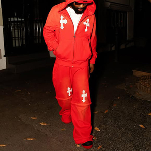 Men Red Hooded <b>Tracksuit</b> Set With <b>White</b> Cross Embroidery Full Zip Sweatshirt And Sweatpants Casual Streetwear Hip Hop Style - Product Image 4