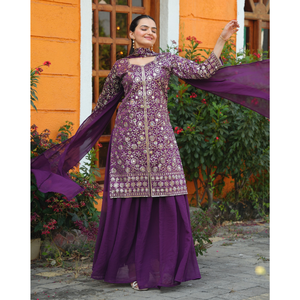 Taffeta Silk Mirror <b>Top</b> Georgette Palazzo <b>Sequined</b> Scarf Elastic Waist Stitched Women Three Piece Festive Salwar Suit Set - Product Image 1