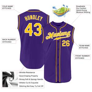 Maillot de baseball professionnel violet sans manches en tissu léger haute performance, personnalisable par impression sérigraphique ou transfert thermique - Product Image 2
