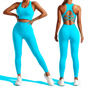 Ensemble de yoga deux pièces noir uni pour femme, leggings taille haute, longueur intégrale, extensible dans quatre directions - Product Image 5