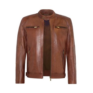 <b>Men's</b> Brown PU Casual Solid Front Dyed Moto Jacket <b>Turtleneck</b> Collar Zipper Closure Regular Fit Winter Style - Product Image 4