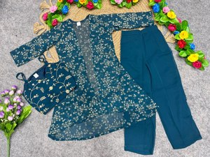 Conjunto de Top Corto y Pantalones Palazzo con Mangas Largas, Diseño Floral en Georgette, Bordado con Lentejuelas, Estilo Fashion Dream - Product Image 5