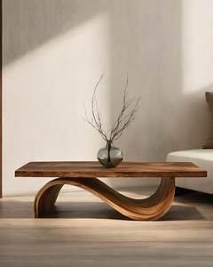Mesa de Centro Moderna Hecha a Mano de Madera Maciza con Base Ondulada Escultural, Muebles Minimalistas para Sala de Estar - Product Image 1