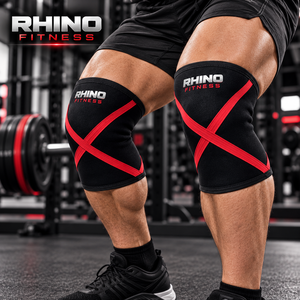 Rhino Fitness Men's Durable Polyester Elastic <b>Knee</b> Sleeves Black with Red X <b>Straps</b> Gym <b>Support</b> - Product Image 1