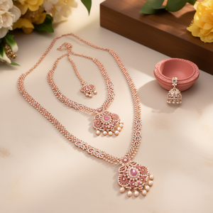 American Diamond Bridal Necklace Set-Rose Gold Plated Wedding Jewelry with Flower Design - Product Image 3