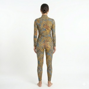 Women's Yellow <b>Animal</b> Print Long Sleeve High Neck Bodycon Jumpsuit Full Length Stretch Activewear - Product Image 3