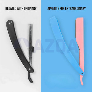 Navaja de afeitar plegable de acero inoxidable con soporte de cuchillas rosa y mango de plástico azul cielo para el cuidado de la barba - Product Image 3