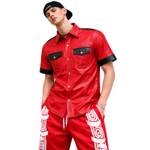 Men Red Black Lamb Leather Short Sleeve Shirt - Product Image 1