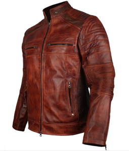 Veste de moto en cuir véritable marron pour homme, col montant, fermeture éclair, coupe classique, style automne, veste de motard - Product Image 5