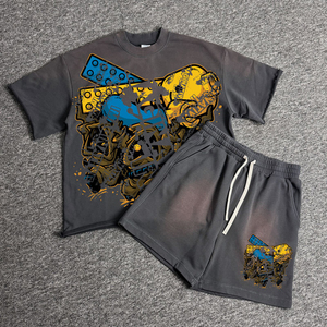 Conjunto de Camiseta y Pantalones Cortos Oversize para Hombre, Estilo Urbano, Personalizado, de Alta Calidad, 350 GSM, Liso, con Estampado Rizado, Lavado Ácido y Efecto Desgastado - Product Image 5