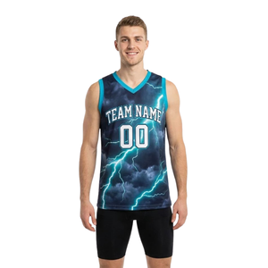 Uniformes de basket-ball Thunderbolt pour hommes, maillot sans manches à col en V sublimé et short uni, noms d'équipe et numéros de joueur personnalisés - Product Image 1