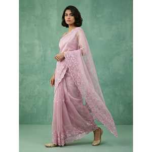 Sari en soie Chanda pure fait main avec broderie florale, travail Schiffli Resham Zari, bordure ajourée, imprimé floral, tissu en mousseline - Product Image 5