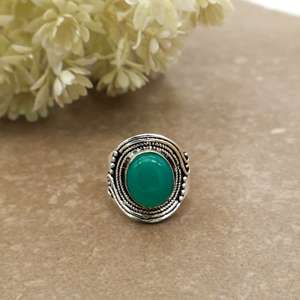 Handmade Vintage Natural Green Onyx Statement <b>Ring</b> Brass 925 Silver Plated <b>Adjustable</b> Band Boho & Hippie Style Unisex - Product Image 4