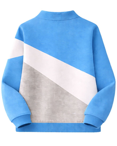 Pull décontracté pour homme en polyester tricoté, coupe droite, col rabattu, avec blocs de couleur bleus et fermeture éclair quart de tour, idéal pour l'automne - Product Image 2