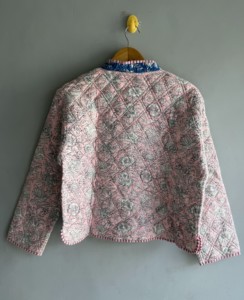 Pink Floral <b>Quilted</b> <b>Jacket</b> With V-Neck Three Quarter Sleeve Cotton Outerwear Spring Style Women's Coat GIFT FOR HER - Product Image 6