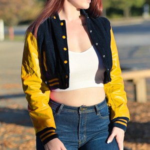Veste courte universitaire pour femme, style Letterman, noir et jaune, avec manches en similicuir, vêtement d'extérieur décontracté, mode féminine - Product Image 2