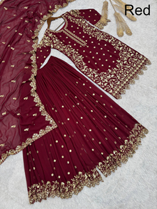 Ensemble 3 pièces traditionnel indien Sharara Gharara brodé, en soie Georgette, pour mariage, Diwali, hiver et été - Product Image 3