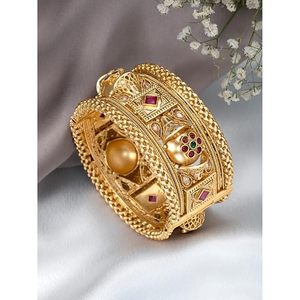 24K Gold Plated Alloy Bangles With <b>Ruby</b> And Emerald Stones Flower Pattern Women's Wedding Jewelry Classic Style - Product Image 2