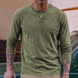 Camisa Henley de algodón lavado de manga larga para hombre, camiseta informal vintage, suéter suave con cuello abotonado para otoño y uso diario - Product Image 4