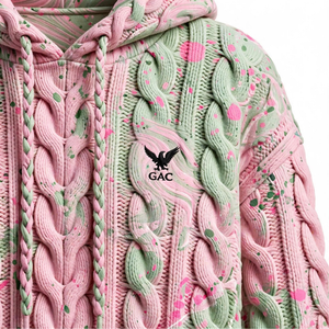 Pull à capuche rose et vert en tricot torsadé, motif éclaboussures de peinture, cordons de serrage tressés, manches longues, poignets et ourlet côtelés, style streetwear tendance - Product Image 5