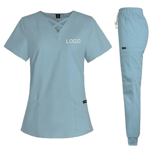 High Quality Custom Womens Criss Cross V Neck Medical Scrub Set Jogger <b>Nurse</b> Hospital Uniform Cotton Polyester - Product Image 1