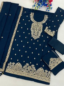 Costume en rayonne bleu marine brodé pour femme avec dupatta, tenue traditionnelle indienne et pakistanaise, longueur au sol, coupe classique, pour mariage - Product Image 3