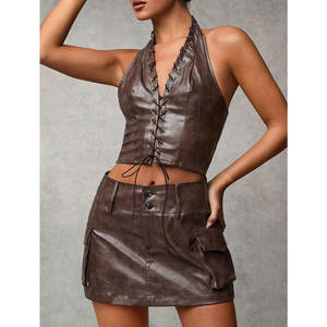 Jupe cargo en cuir PU pour femme, style rétro, taille basse, mini-jupe boutonnée avec poches à rabat - Product Image 5