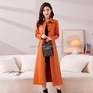 Femmes Long automne hiver manteau simple boutonnage décontracté Trench col rabattu imperméable en cuir fendu pardessus nouveau tricoté - Product Image 4