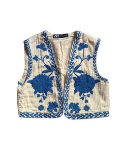 <b>Women's</b> Bohemian Embroidered Floral Canvas Vest Open Front Collarless Breathable Button <b>Waistcoat</b> <b>Blue</b> Pattern Woven Short - Product Image 2