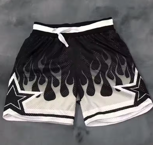 Men's Flame Graphic Basketball Shorts- Black with Orange and Red Fire Design, Elastic Waistband, Polyester, Athletic Style, Athl - Product Image 6