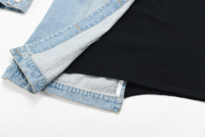 Mixed Media Hoodies Hybrid Denim <b>Jacket</b> Black Sweatshirt Women's Belted Patchwork Long Sleeve Casual Streetwear Trendy Apparel - Product Image 6