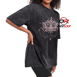 ORVO SPORTS Acid Wash Oversized Plus Size Women's <b>T</b>-<b>Shirt</b> Crew Neck Short Sleeve Floral Printed Black Cotton Jersey Casual Top - Product Image 2