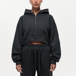 Women Oversized Hooded <b>Zipper</b> Sweatshirt Full Sleeve Solid Color Crop Top Cotton Fleece Hoodie Autumn Casual Wear - Product Image 3