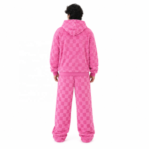 Wholesale Plush Fleece <b>Hooded</b> Sweatshirt Tracksuit Set Unisex Checker Texture <b>Zip</b> Hoodies Streetwear Relaxed Jogger Pants Bulk - Product Image 3
