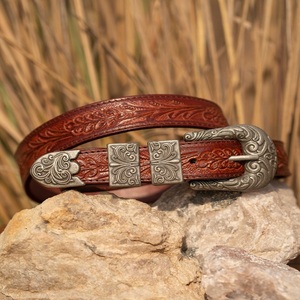 High Finish Brown Floral Engraved <b>Men's</b> Fashion Western <b>Leather</b> Tooling <b>Belt</b> with Designer Brass Buckle Double Keeper and Loop - Product Image 6