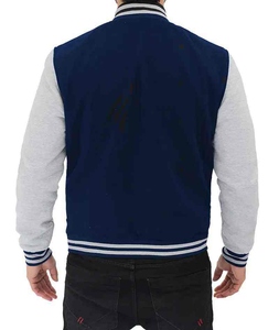 Unisex Navy Blue Varsity <b>Jacket</b> Gray Sleeves Hooded Breathable Button Closure Preppy Style Autumn Wear Regular Fit Solid Color - Product Image 2